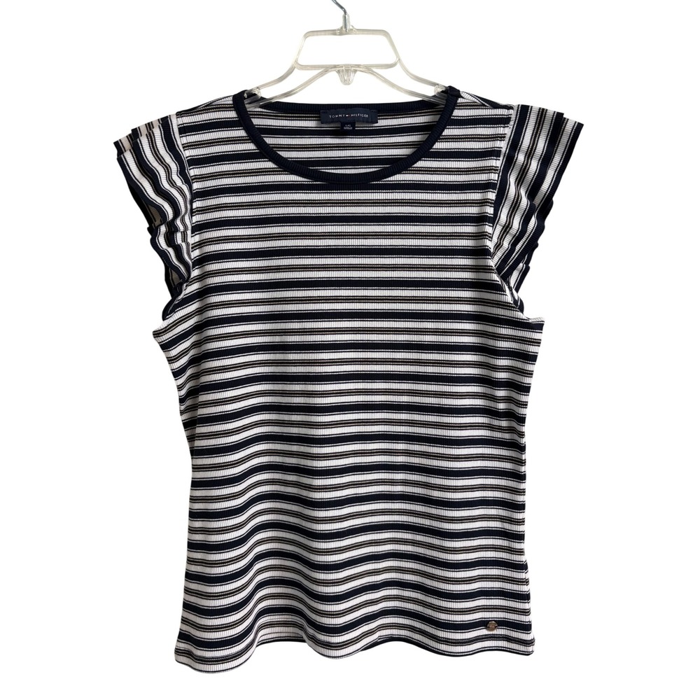 Tommy Hilfiger Womens Striped Ruffle Cap Sleeve Top Navy Blue Large Preppy